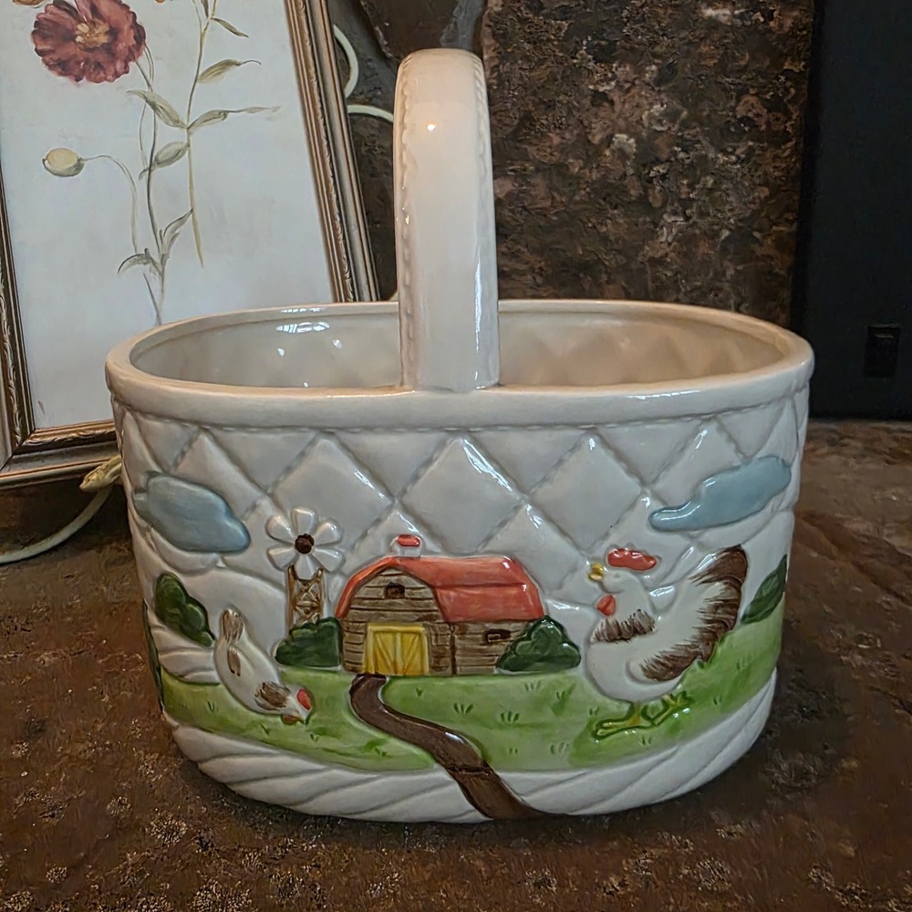 Vintage Otagiri Japan Ceramic Farm Basket Barn Chickens Farmhouse cottagecore